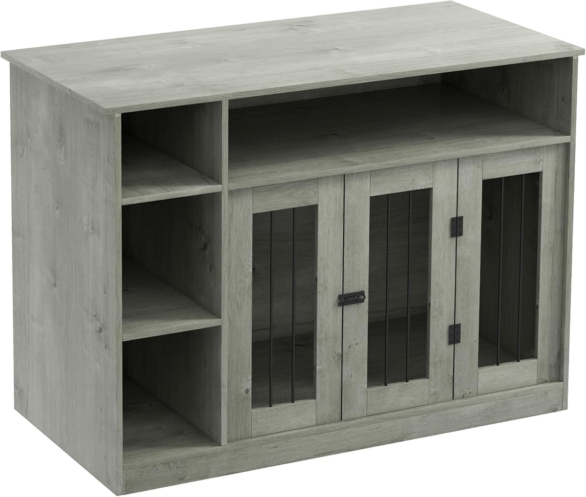 Grey dog crate furniture with side storage shelf and steel bars