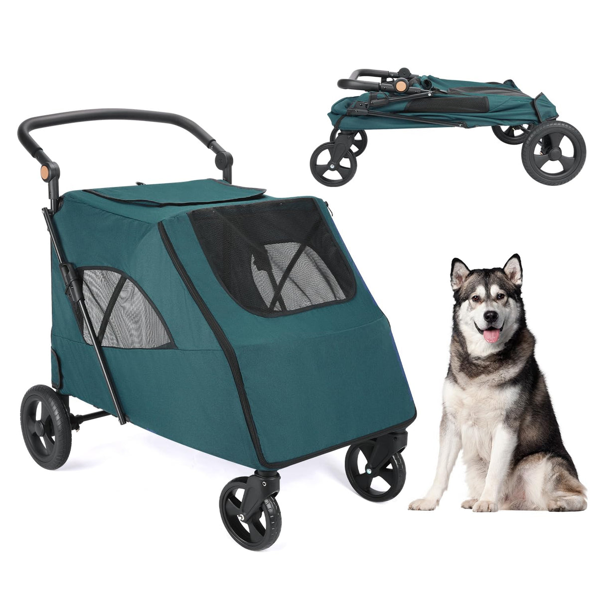 Navy foldable four-wheel dog stroller with mesh skylight – view 2