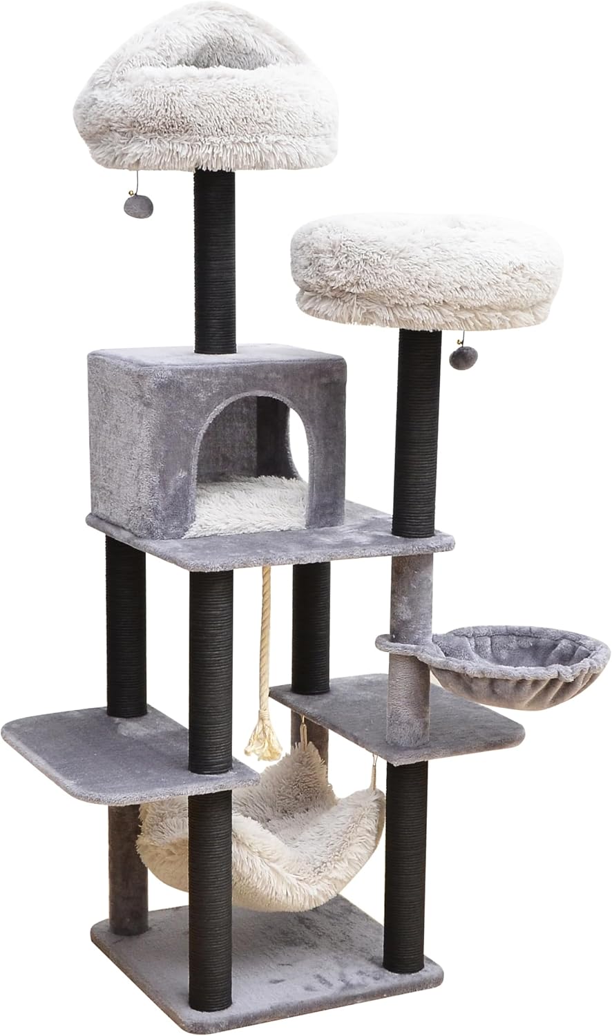 Gray and white seven-level cat tree with hammocks, beds and condo