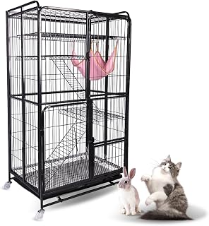 4-Tier Wire Cat Cage Crate, 53.5 Inch Foldable with Wheels