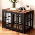 Black and brown wooden dog crate furniture with steel tube front