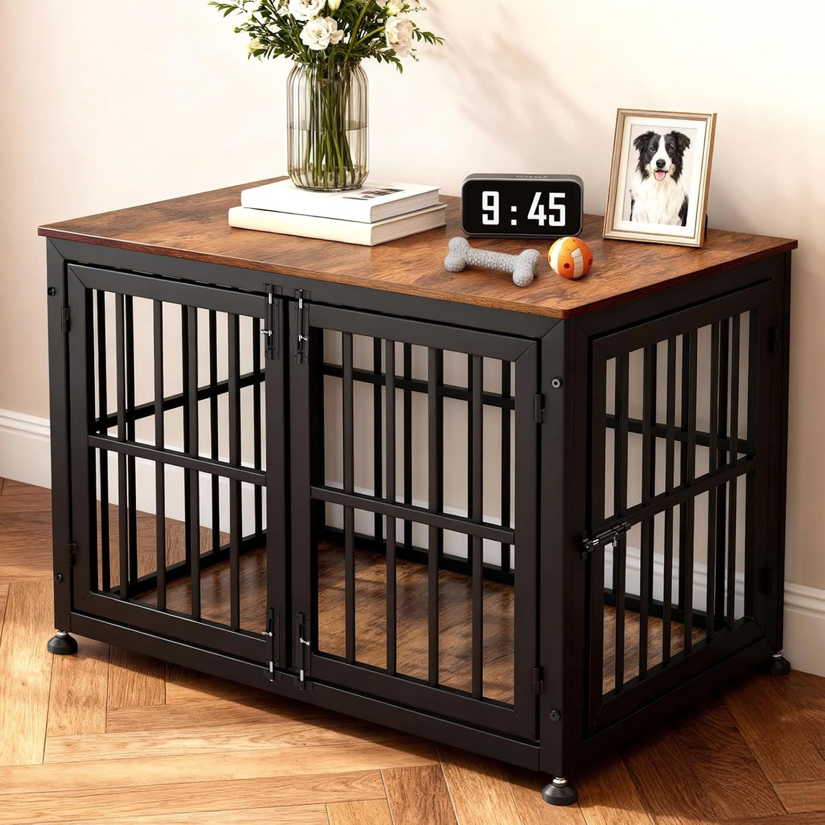 Black and brown wooden dog crate furniture with steel tube front