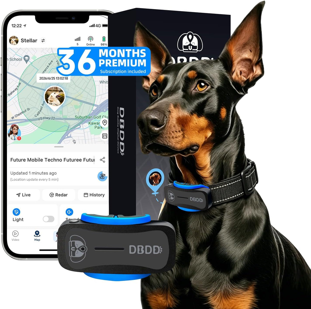 Black waterproof GPS tracker attached to a dog collar
