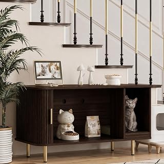Cat Litter Box Enclosure with Scratch Pad and Sliding Door, 38.5 Inch Hidden Cabinet, TV Stand and Side Table Style, Dark