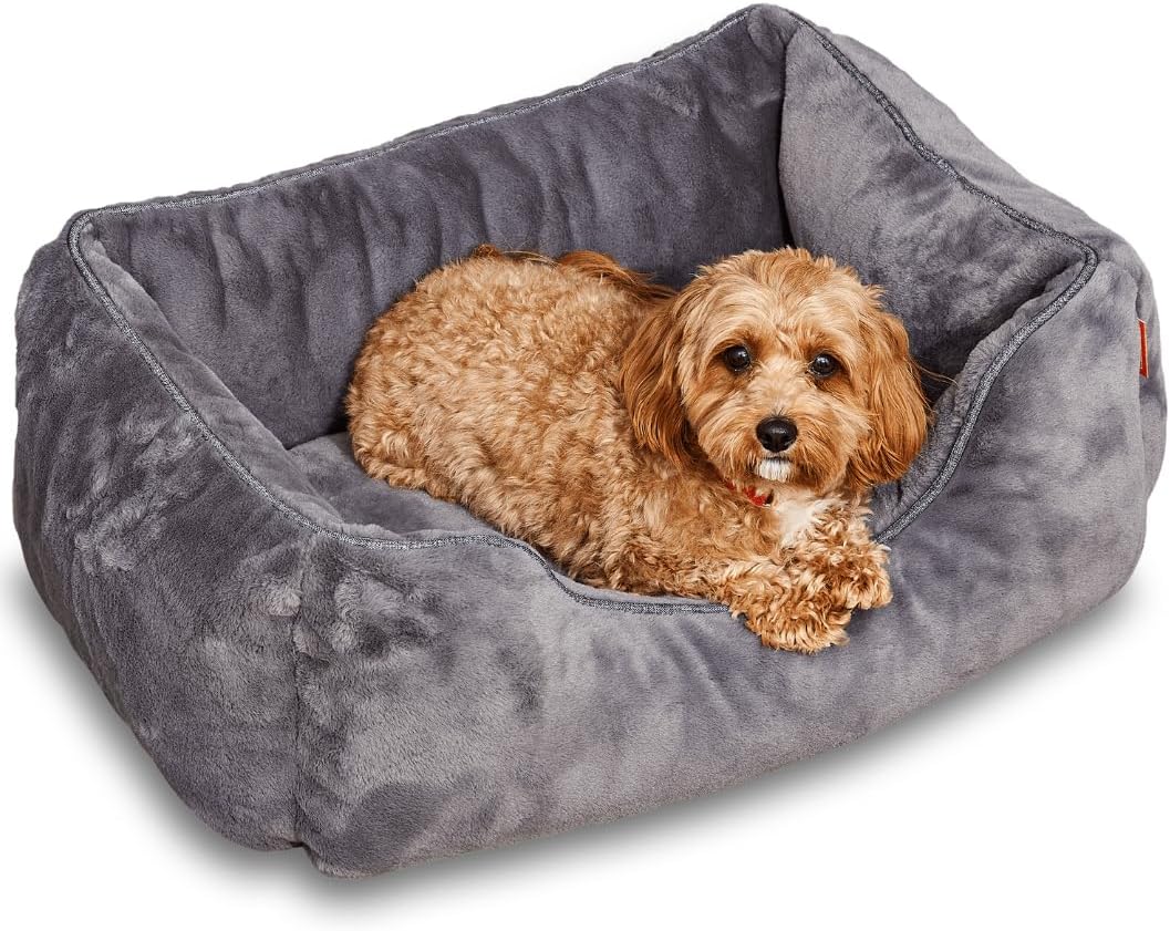 Small dark grey faux rabbit fur dog bed with raised sides