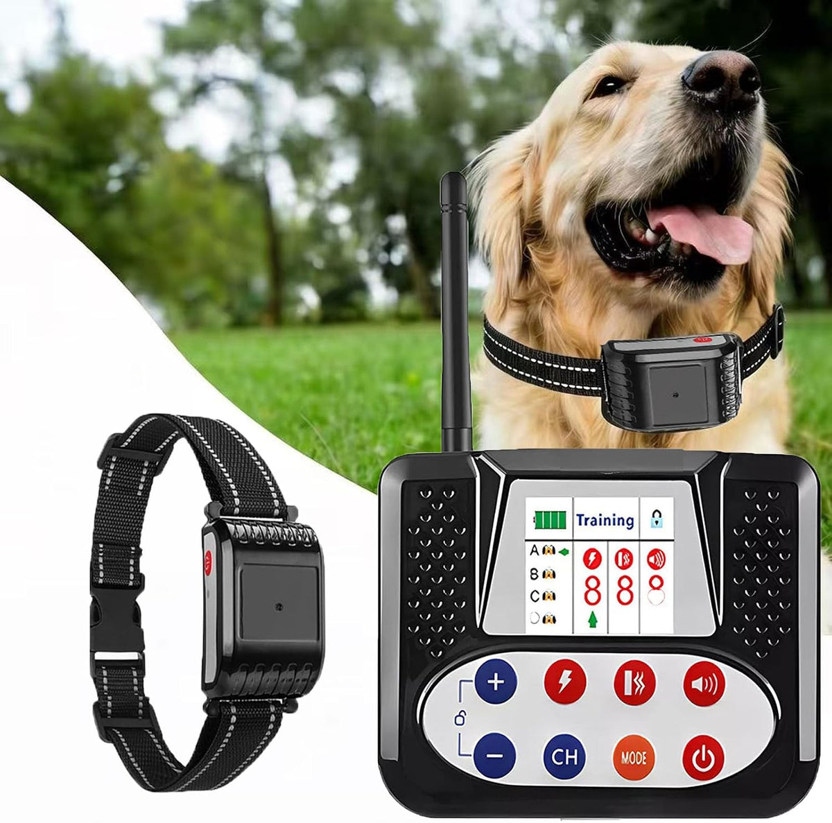 Wireless dog fence transmitter, remote and four waterproof receiver collars – view 3