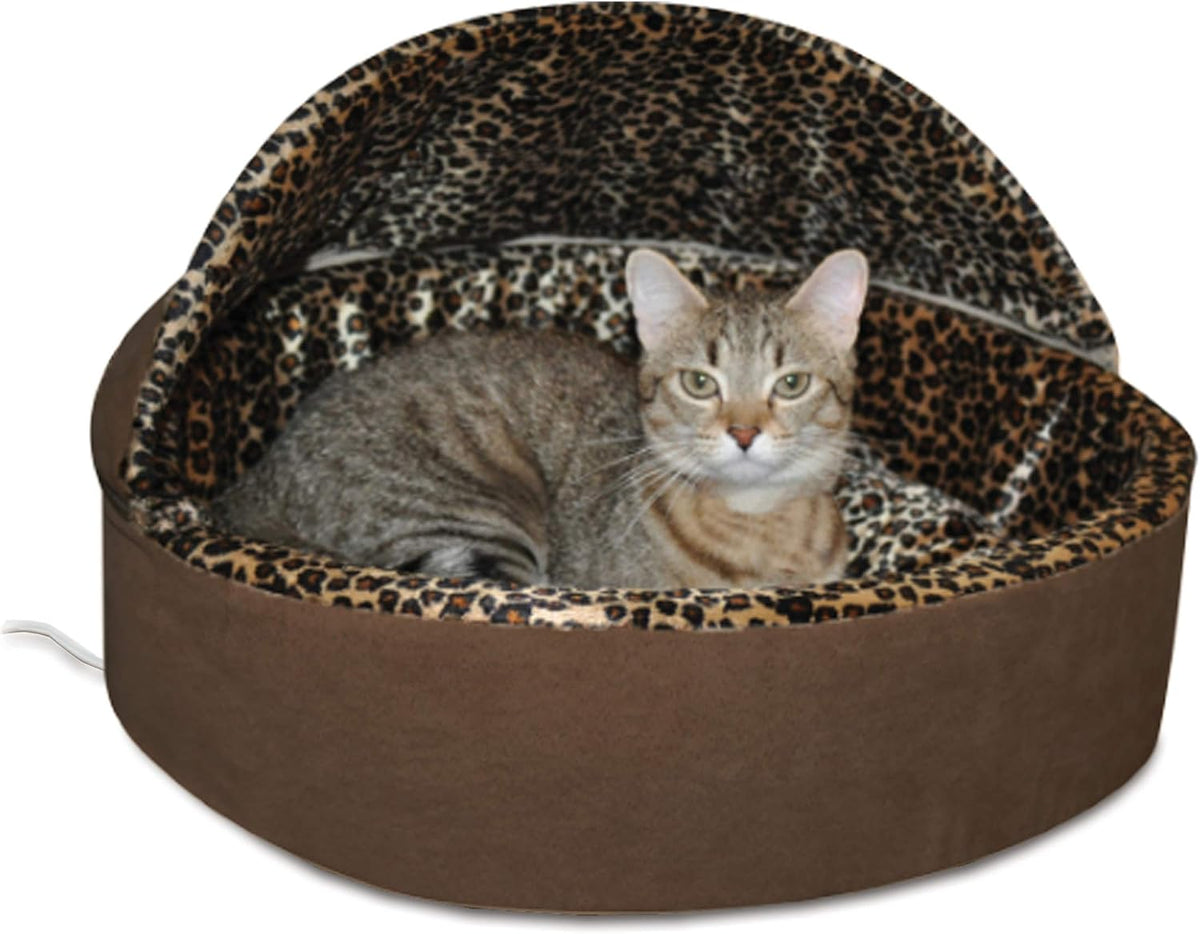 Tan heated covered cave cat bed with leopard print interior – view 3