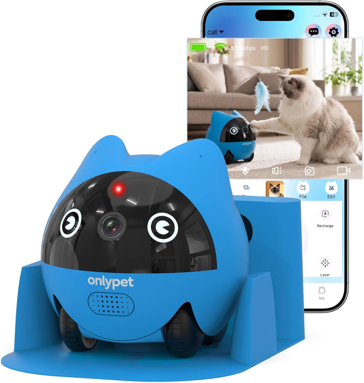 Compact AI robot pet camera driving across a hardwood floor near a cat
