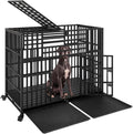 Black 56 inch alloy steel dog crate on wheels with removable trays