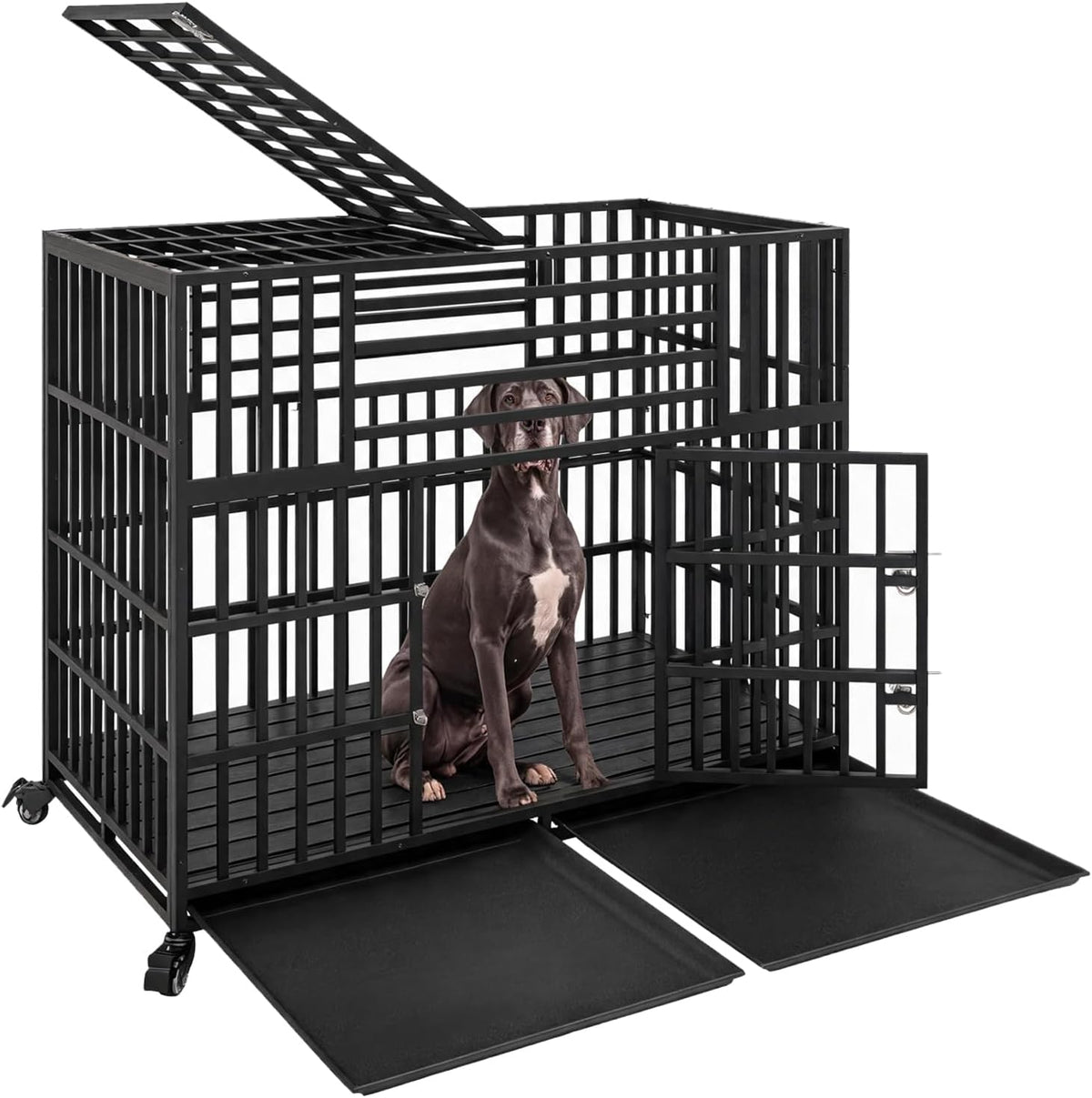 Black 56 inch alloy steel dog crate on wheels with removable trays