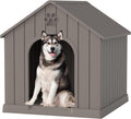 Gray plastic dog house with arched door, air vents and raised floor