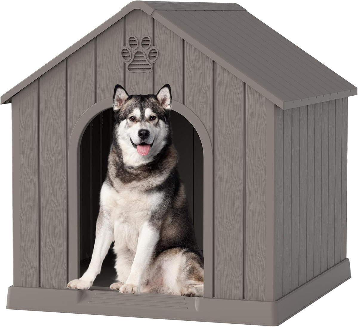 Gray plastic dog house with arched door, air vents and raised floor