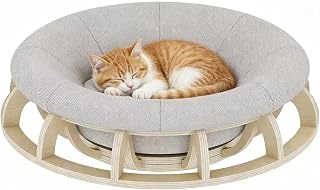 Elevated Round Wooden Cat Bed with Removable Cushion, Gray, 20 Inch