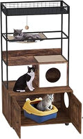 Cat Tree with Litter Box Enclosure, 60" Wooden Tower with Storage Shelf, Sisal Hammock, Condo and Play Ball, Reversible