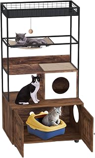 Cat Tree with Litter Box Enclosure, 60" Wooden Tower with Storage Shelf, Sisal Hammock, Condo and Play Ball, Reversible