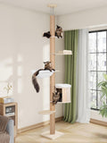 Wooden floor-to-ceiling cat tower with condo and hammock