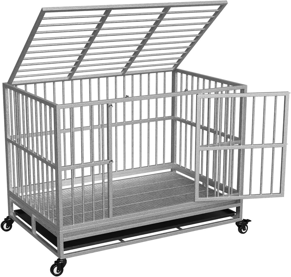 Silver 48 inch heavy duty dog kennel with wheels and double doors