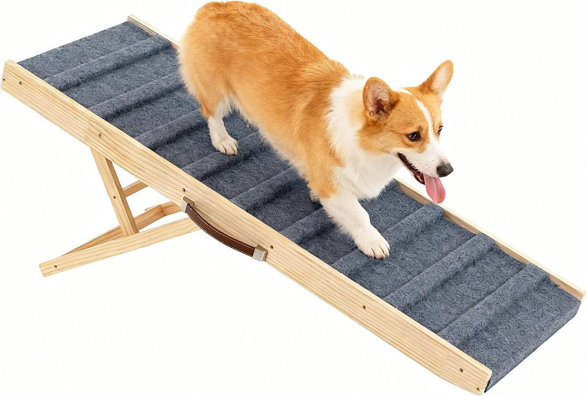 Solid wood dog ramp with grey anti-slip carpet and carry handle