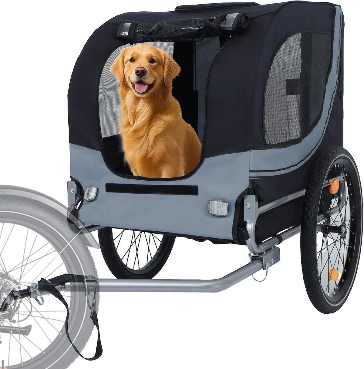 Heavy duty dog bike trailer with mesh cabin hitched to a bicycle