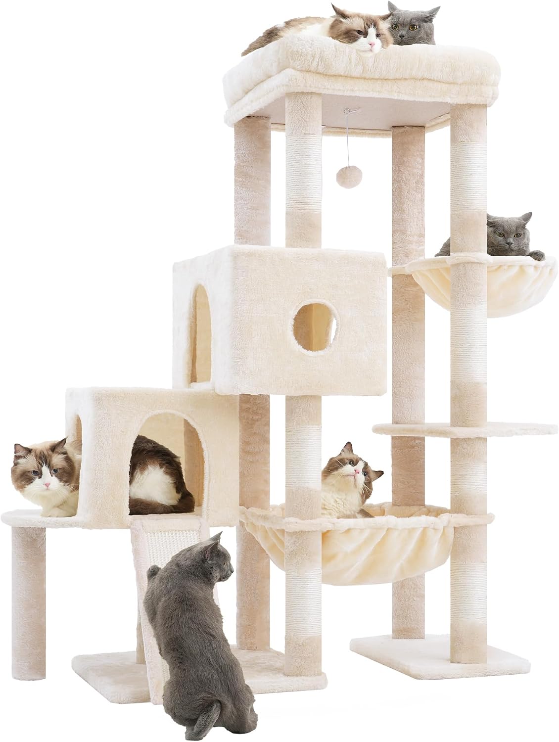 Light gray 74.8 inch cat tree with three condos and step pathway – view 2