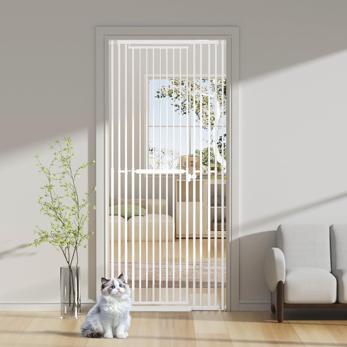 White extra tall pressure-mounted cat gate in a doorway