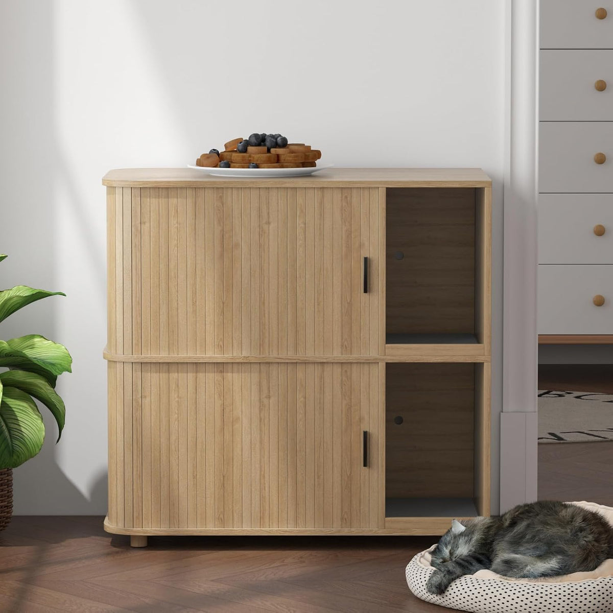 Walnut 2-tier double cat litter box enclosure with sliding doors – view 3