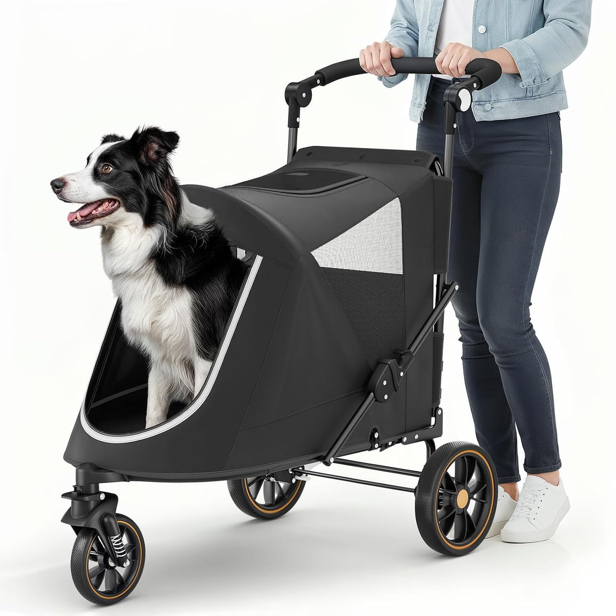 Black three-wheel dual entry pet wagon stroller