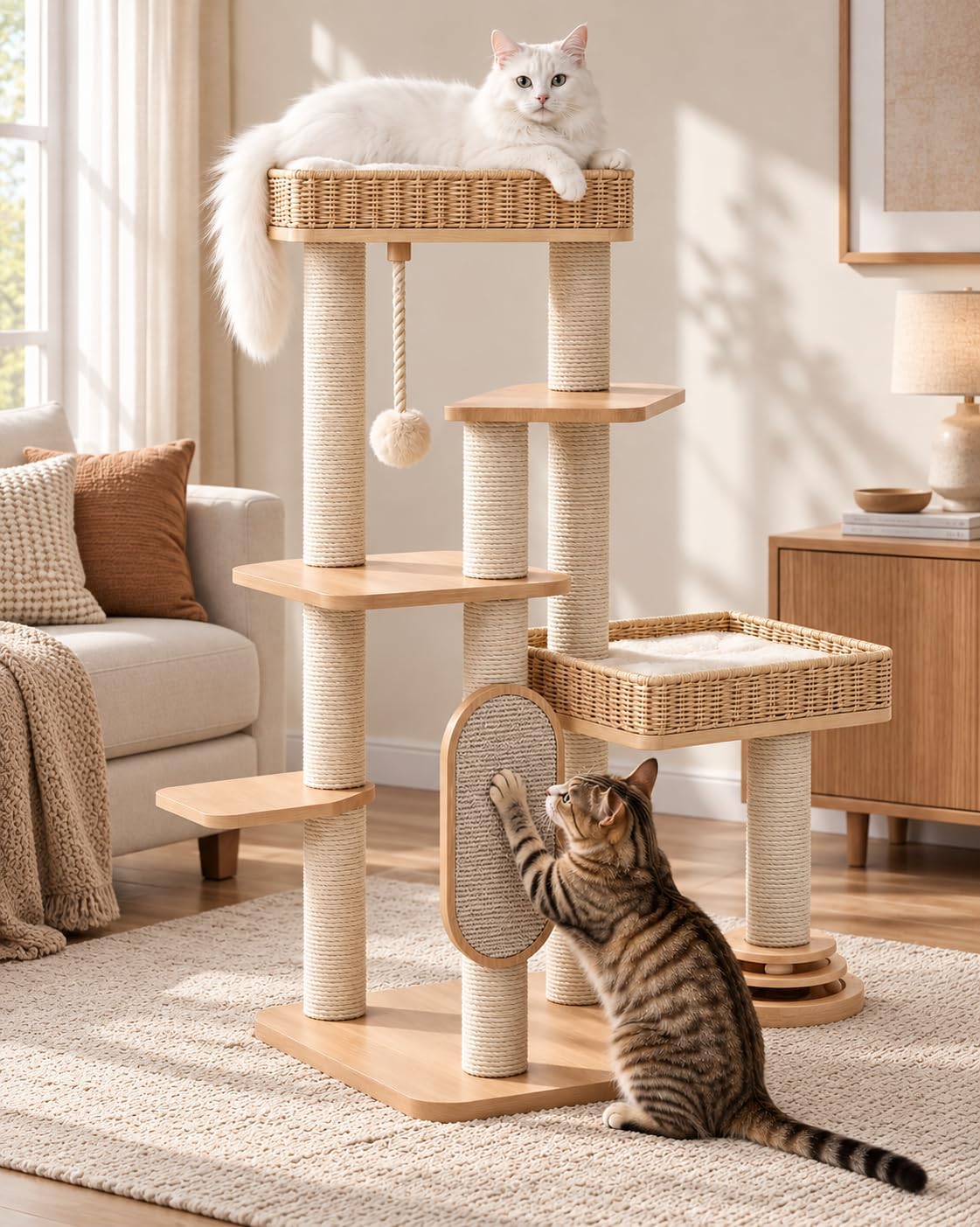 53.4-inch wooden cat tower with condo, sisal board and plush perch