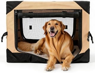 42 Inch Soft Collapsible Crate for Extra Large Dogs, 4-Door Portable Kennel with Chew-Proof Mesh, Beige
