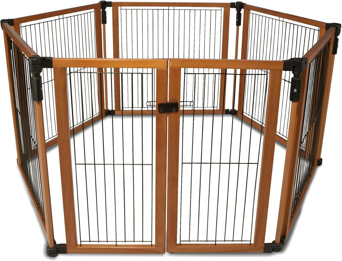 Six panel indoor pet gate set up as a puppy playpen