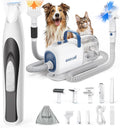 Dog grooming vacuum kit with dryer, clippers, brushes and LED paw trimmer