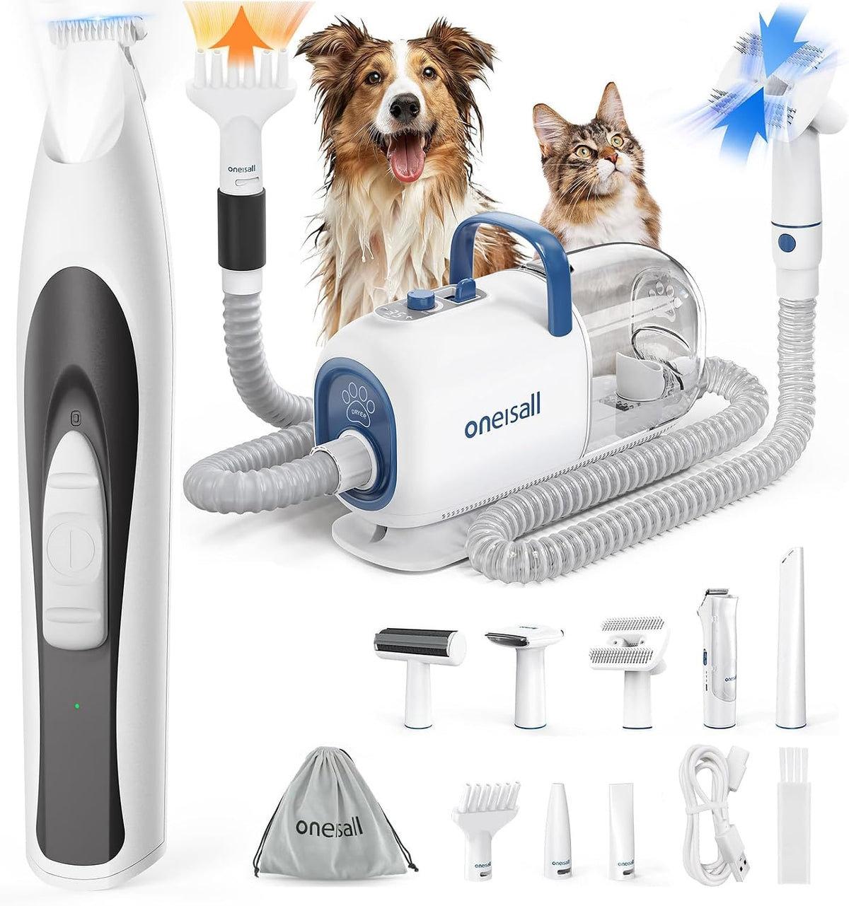 Dog grooming vacuum kit with dryer, clippers, brushes and LED paw trimmer