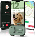 Green AI GPS pet tracker device attached to a dog collar