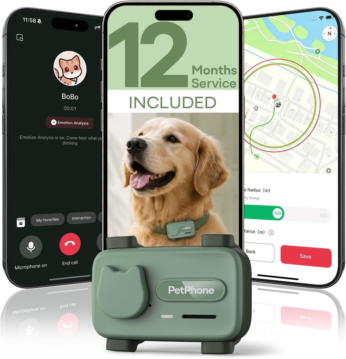 Green AI GPS pet tracker device attached to a dog collar