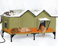 Brown heated outdoor cat house with two doors on metal base