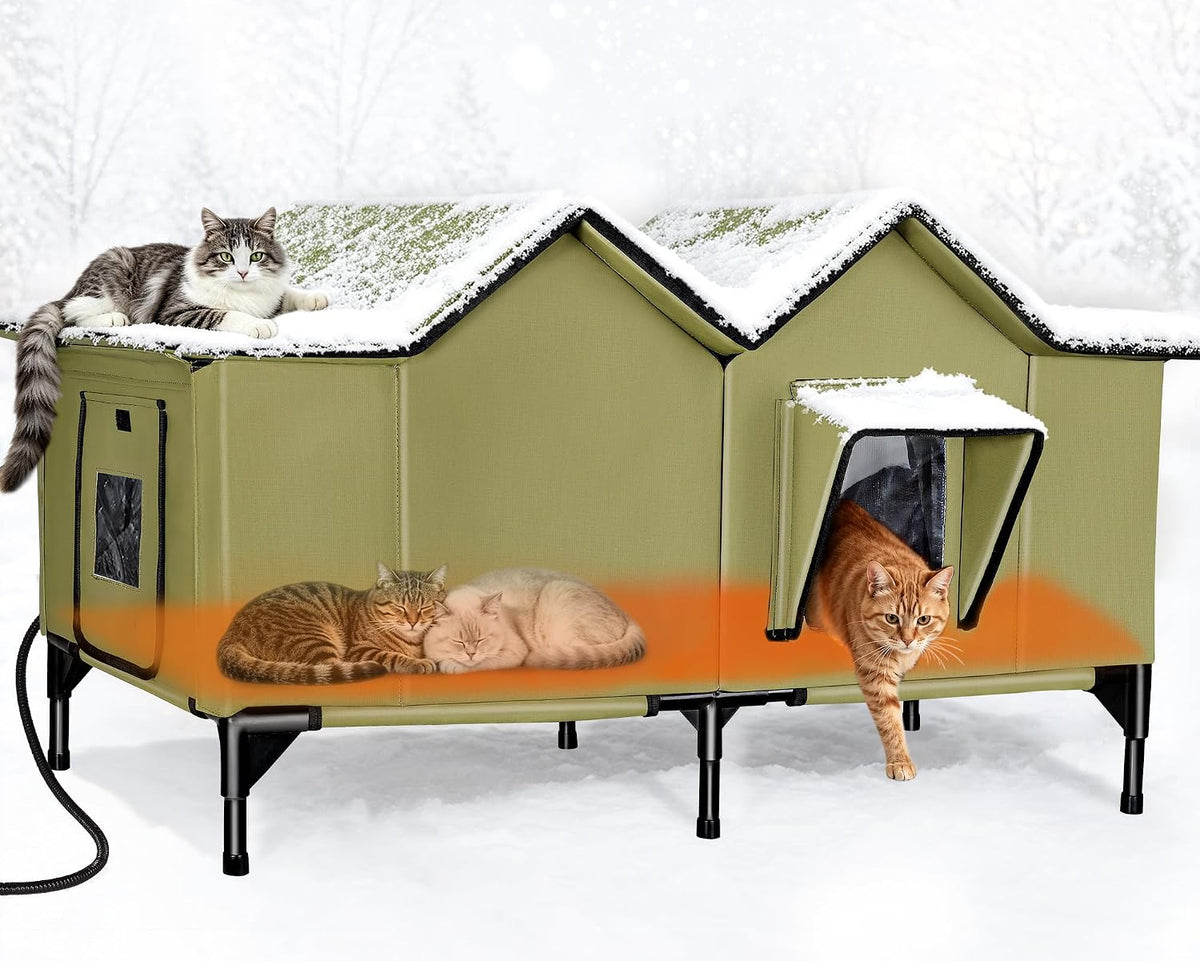 Brown heated outdoor cat house with two doors on metal base