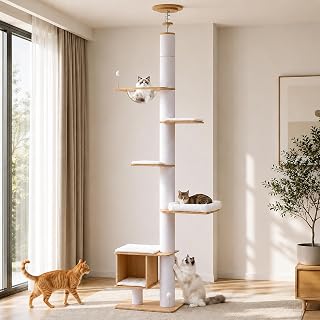 PAWZ Road Floor to Ceiling Cat Tree, 7.6-9.4 ft Wood Modern Cat Tower