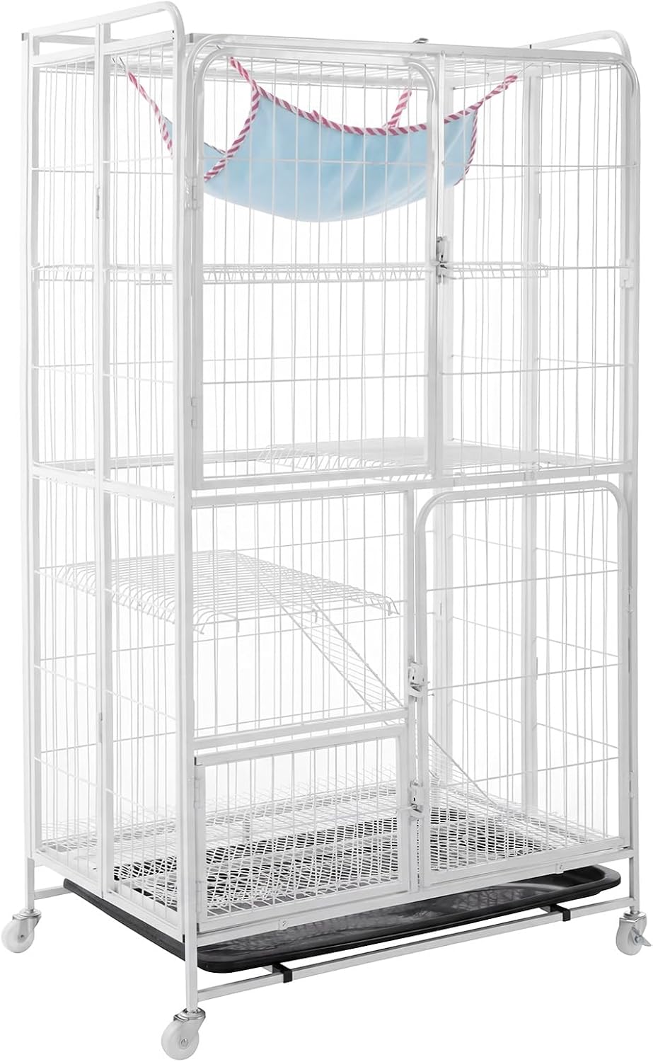 Four-tier metal wire cat playpen on wheels with hammock and ladders