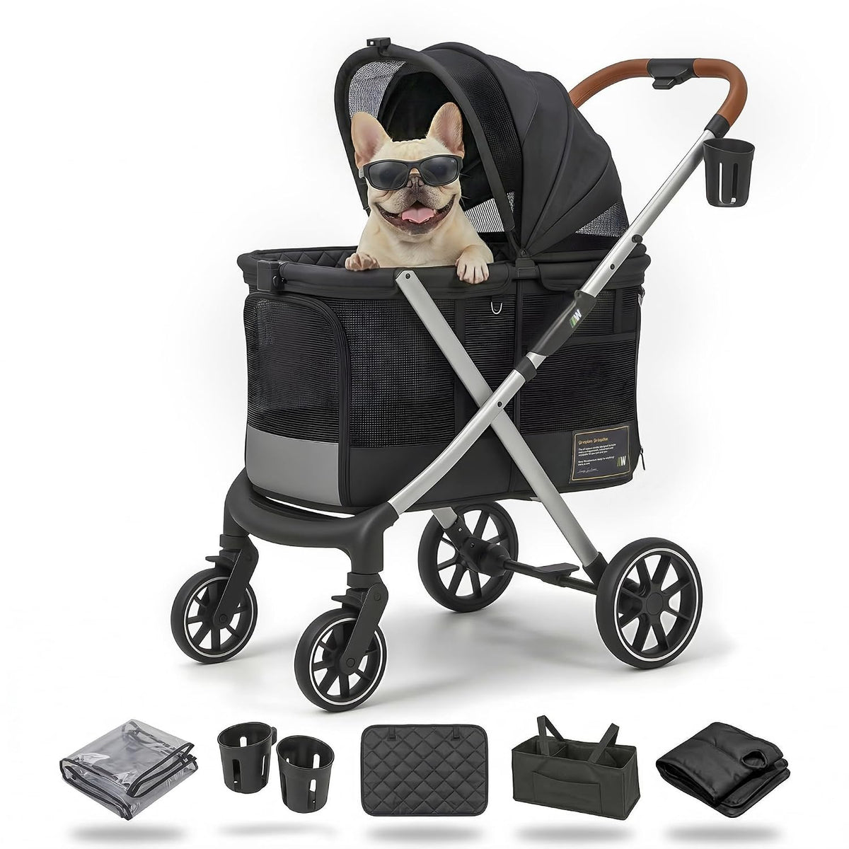Black dog stroller for large dogs with dual entry and rain cover