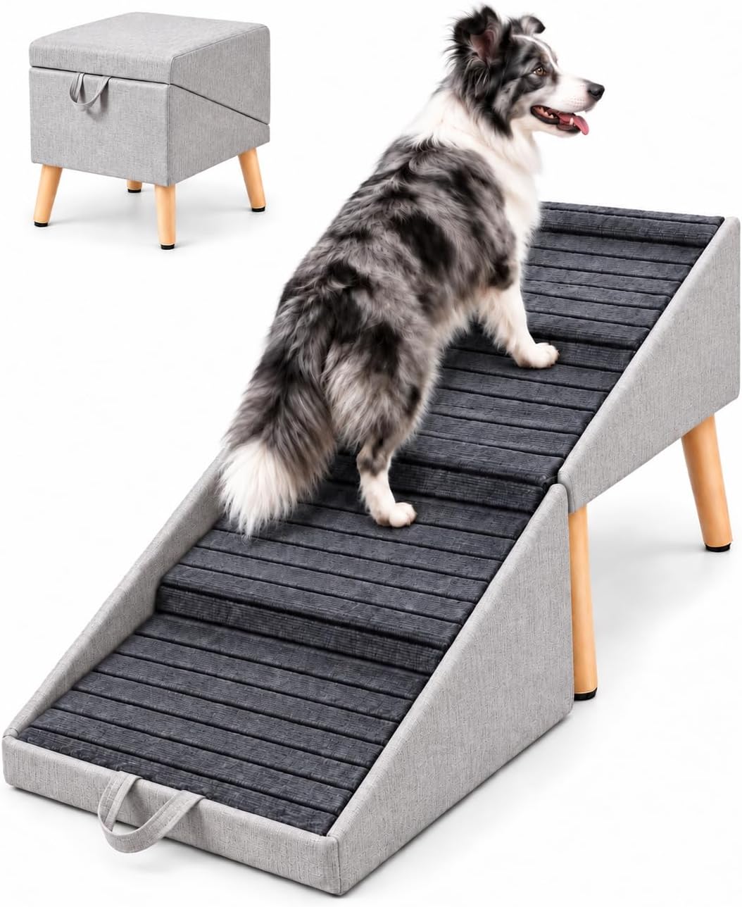 2-in-1 dog ramp and pet stairs, 18 inches high, placed beside a couch