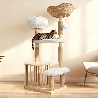 Modern Solid Wood Cat Tree Tower with Large Scratching Post for Indoor Cats