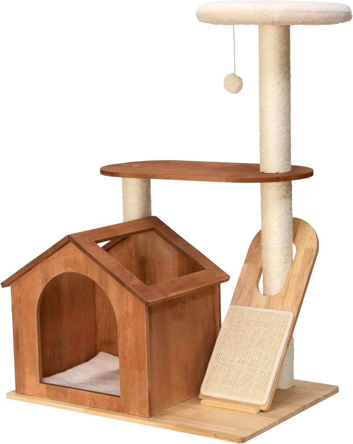 Two-level rubberwood cat tower with hideaway house and sherpa cushion