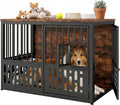 Brown wooden dog crate end table with window and swivel bowls