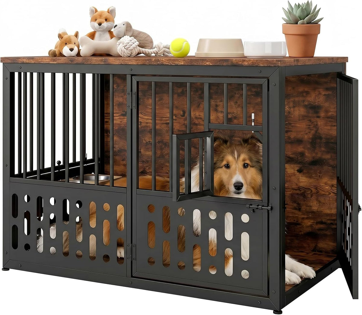 Brown wooden dog crate end table with window and swivel bowls