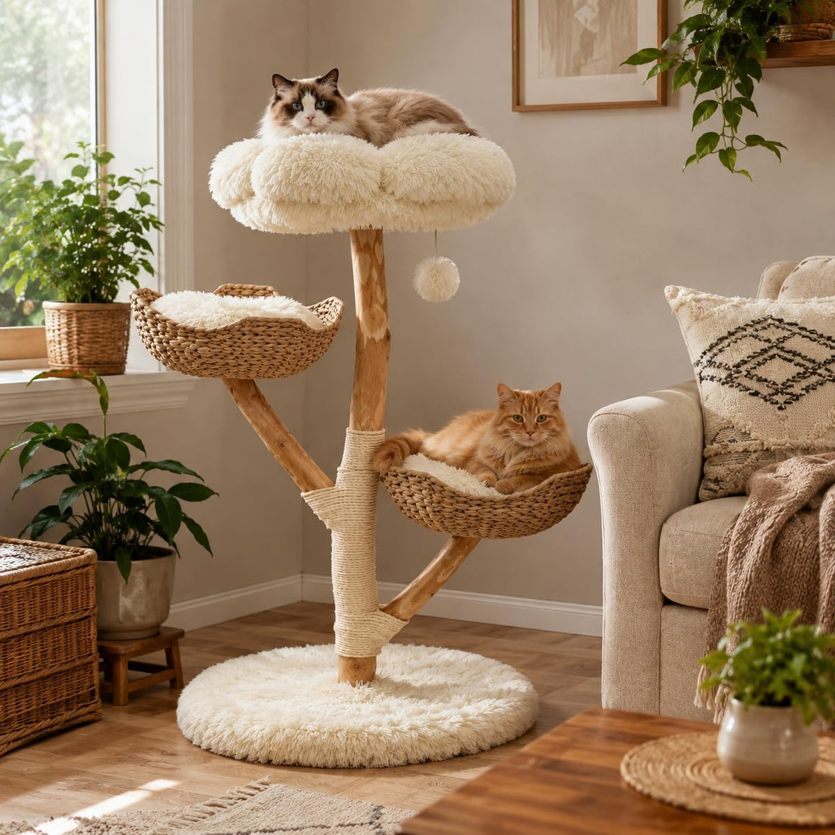 Natural wood cat tree with two handwoven baskets