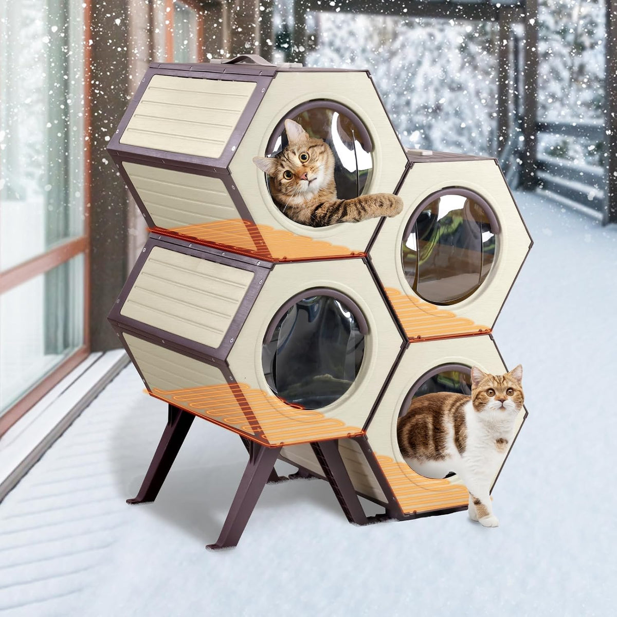 Off-white hexagonal heated outdoor cat shelter with wood-grain finish – view 5