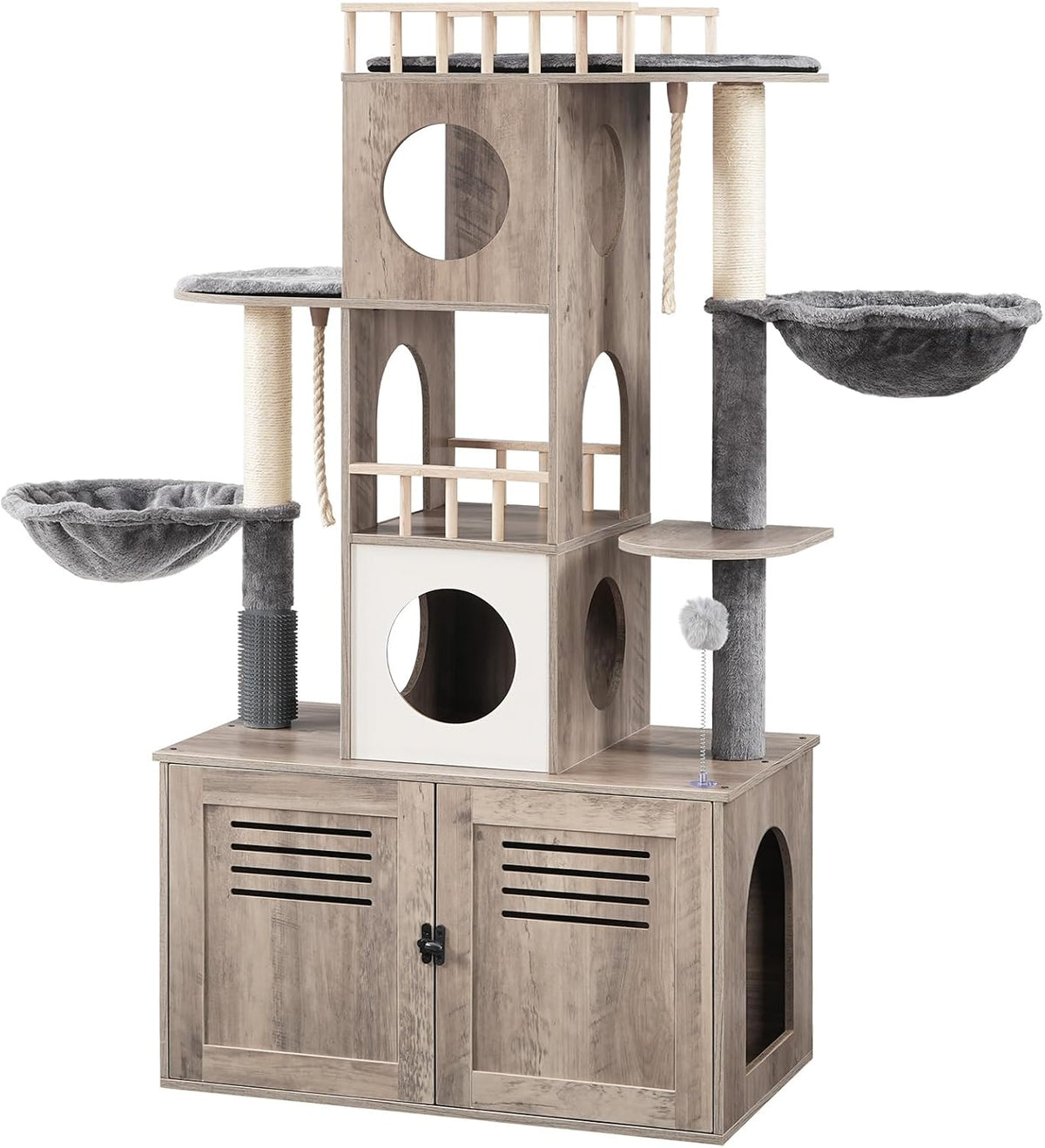 Greige 57 inch cat tree with hidden litter box enclosure and hammocks