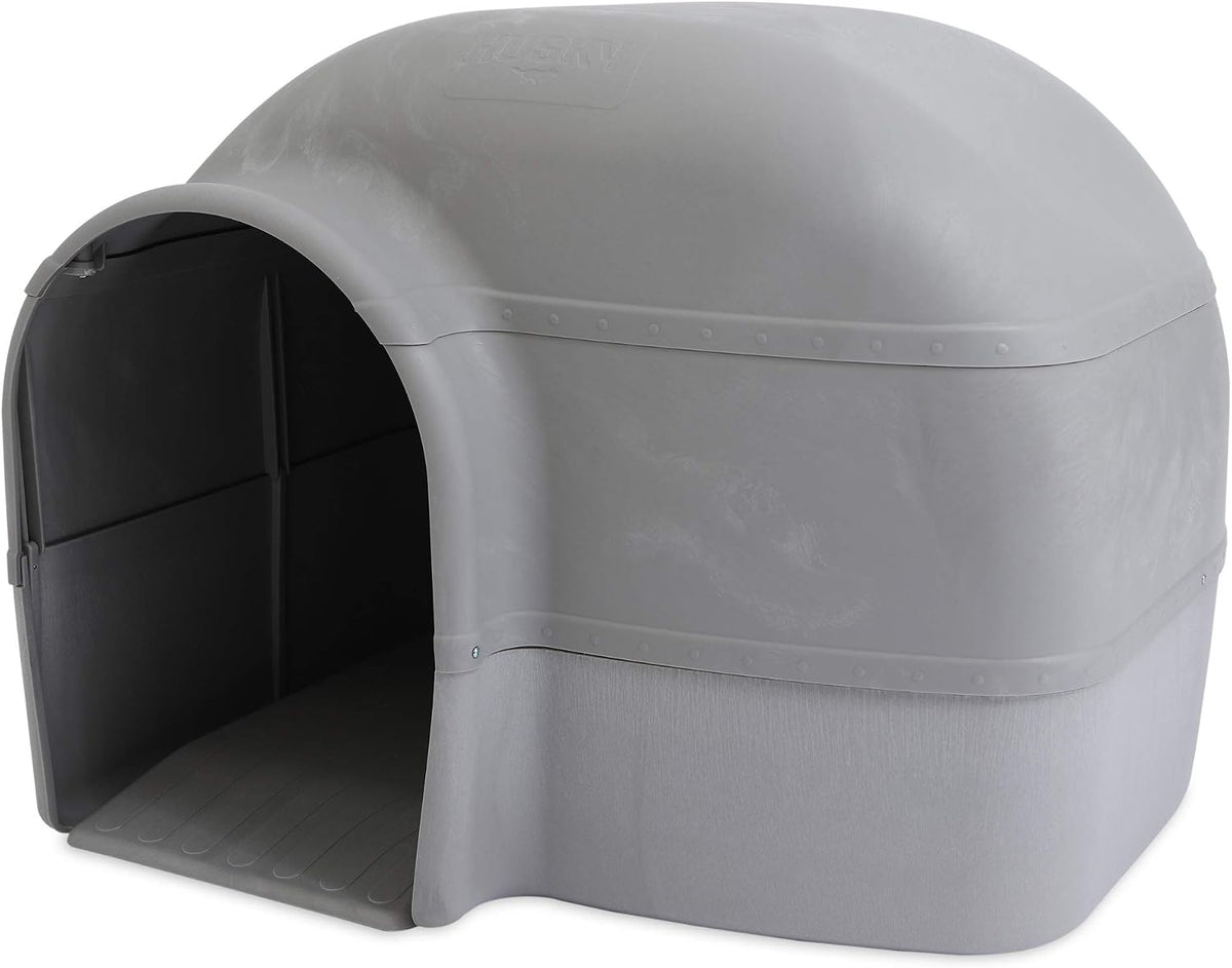 Grey dome-shaped outdoor dog house with offset door