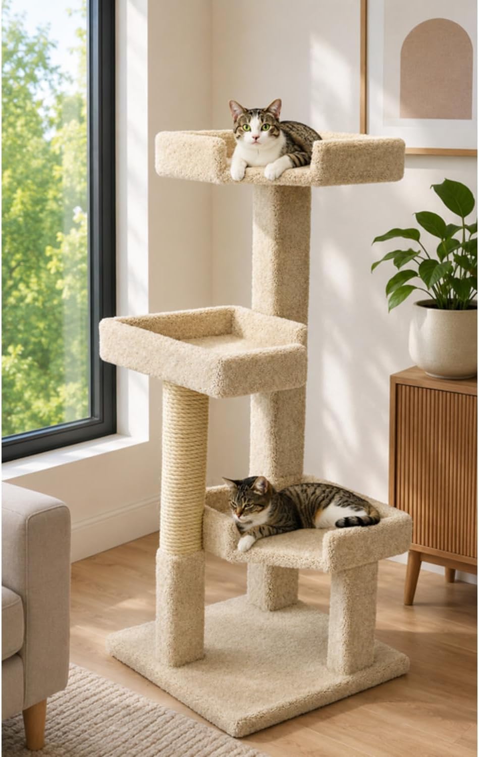 51 inch solid wood multi-level cat tree with deep rim beds and sisal post
