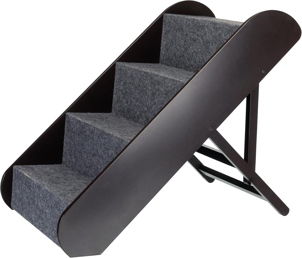 Brown wooden 4-step pet stairs with carpet treads
